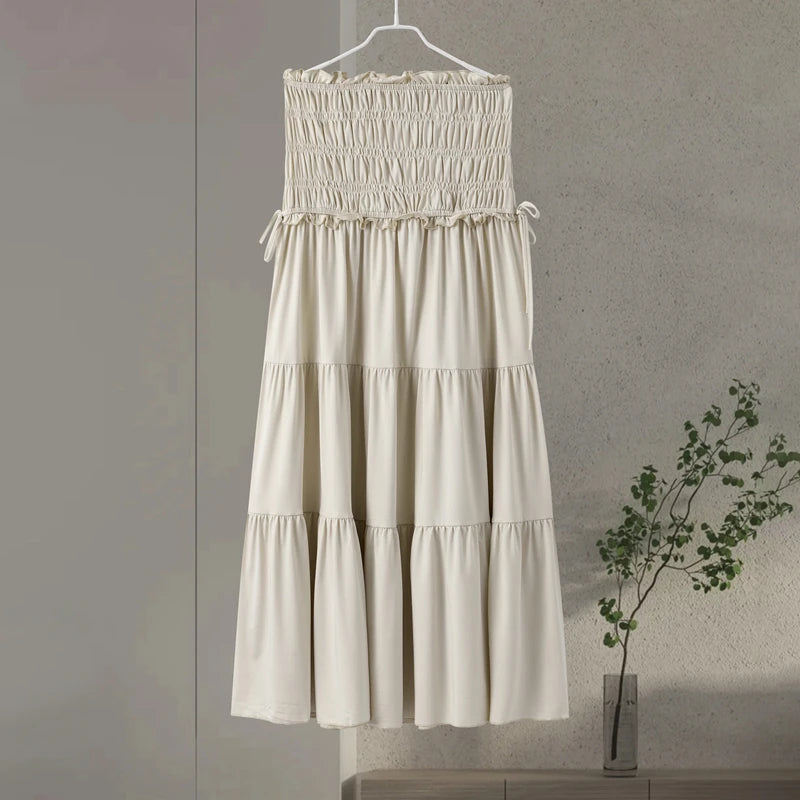 Fashion Solid Folds Long Skirt Sets For Women Summer Sexy Off Shoulder V-neck Cropped Tops High Waist Long Skirts 2 Pieces Sets