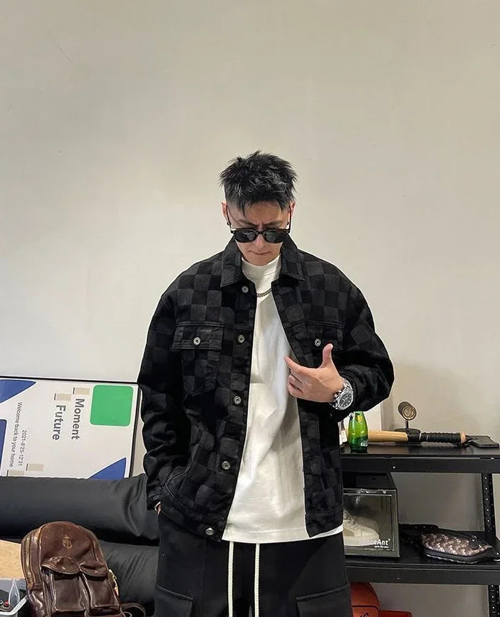 Denim Jackets Man Wide Shoulders Autumn Jeans Coat for Men Black Plaid Fashion Korean Popular Clothes of Fabric Winter 2024 Y2k