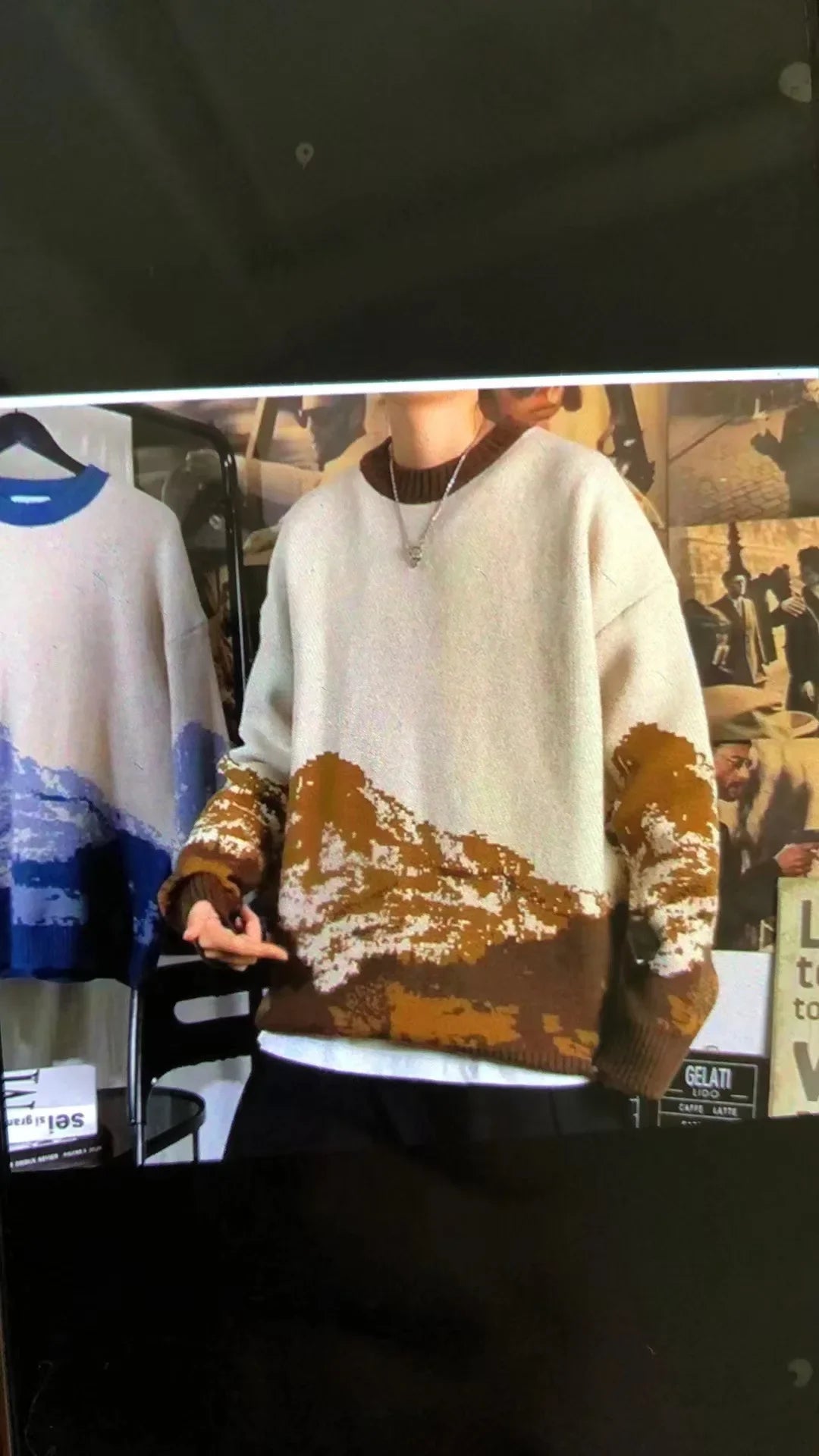 Autumn Winter Trendy Round Neck Men's Sweater Loose-fit Knitted Top Long Sleeve Jacket Casual Scene Snow Mountain System