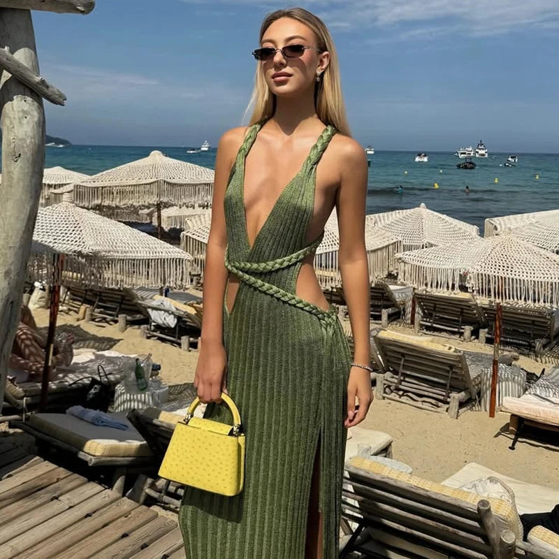 Sexy Knit High Slit Backless Long Dress Women Green Ribbed Hollow V-neck Dresses Female 2025 Summer Lady Beach Party Robes New