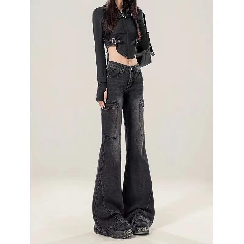 Black and Gray American Hottie Jeans for Women 2025 New Autumn and Winter Slim Work Pants Woman Clothing Baggy Women's
