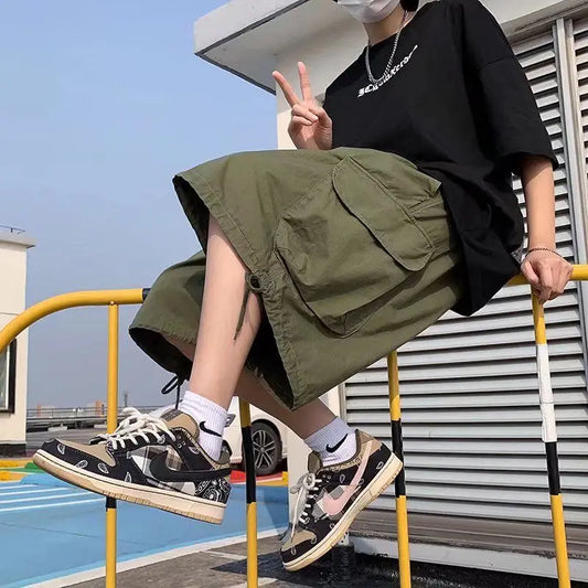 Khaki 7-point Men Summer Thin Japanese Workwear Wide-leg Loose Over-knee Shorts