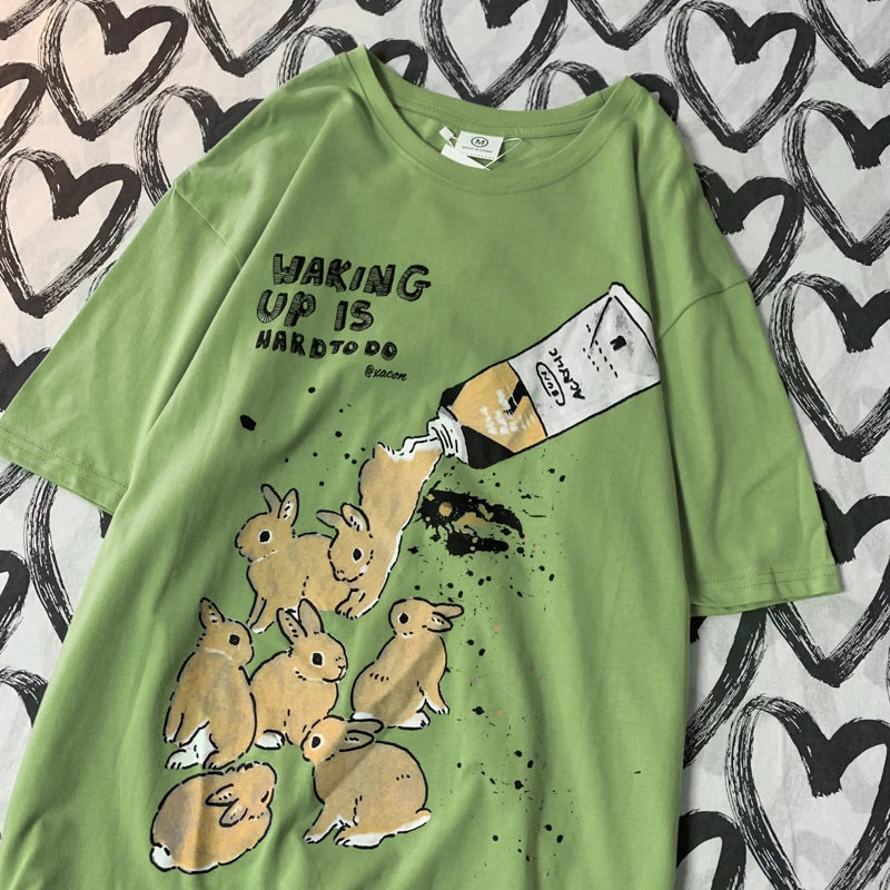 American Retro Rabbit Print Short Sleeved t-shirt For Men Women In Harajuku Lazy Style Pure Cotton Versatile Round Neck Tee