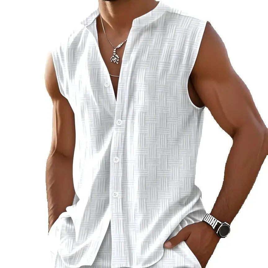 2025 Europe and the United States men's summer vest shirt casual loose sleeveless solid color shorts beach suit