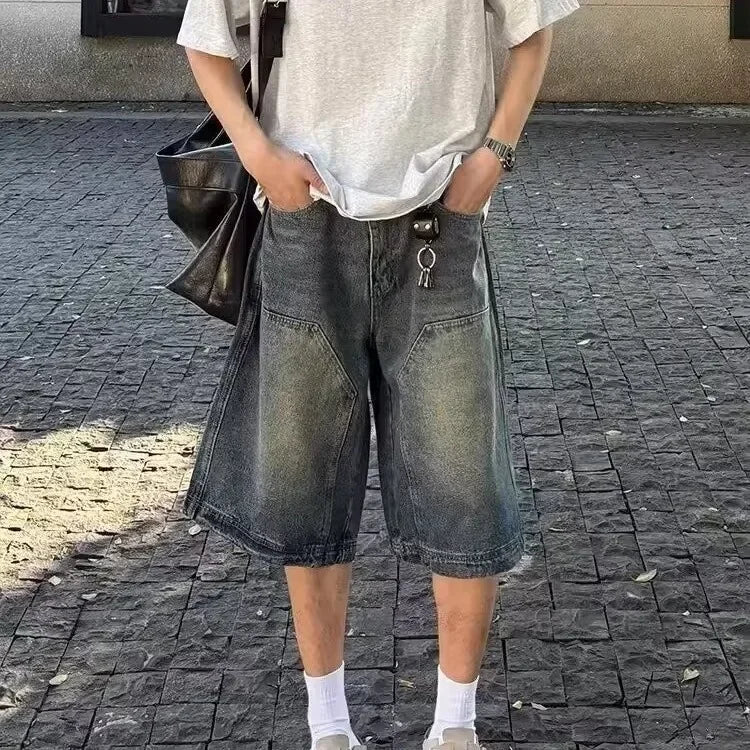 American Style Vintage Men's Denim Shorts Streetwear Straight-Leg Wide-Leg Distressed Casual Pants Trendy Summer Wear