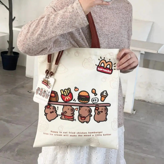 Canvas Bag Novelty Tote Bag Kapibara with Zipper Inner Daily Large Capacity Shoulder Bag Cartoon Capybara Kawai Handbags