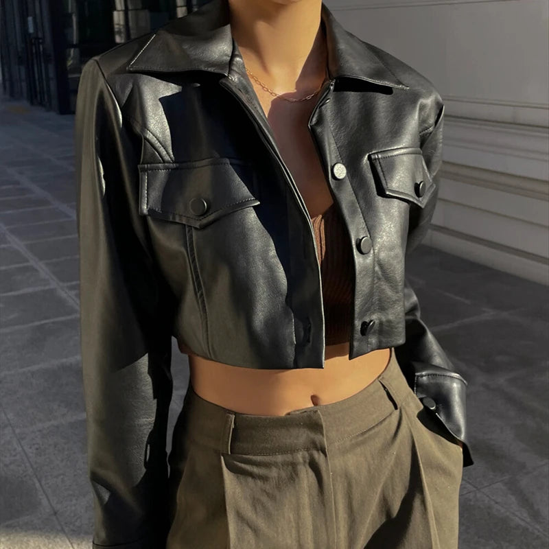 WhereMery Faux Leather Short Jacket Y2K Turn-down Collar Fashion Botton Decoration PU Coat 2022 Grunge Street Casual Women Coats