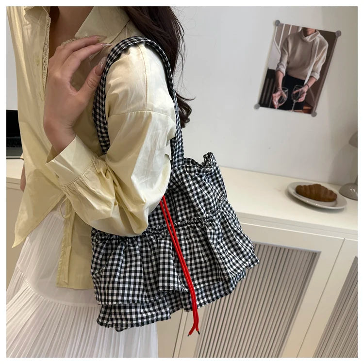 Korean Sle Large Capaci Canvas Tote Bag Blue Plaid Single oulder Skirt Pleated Gown Bag Faionable Casual Handbag