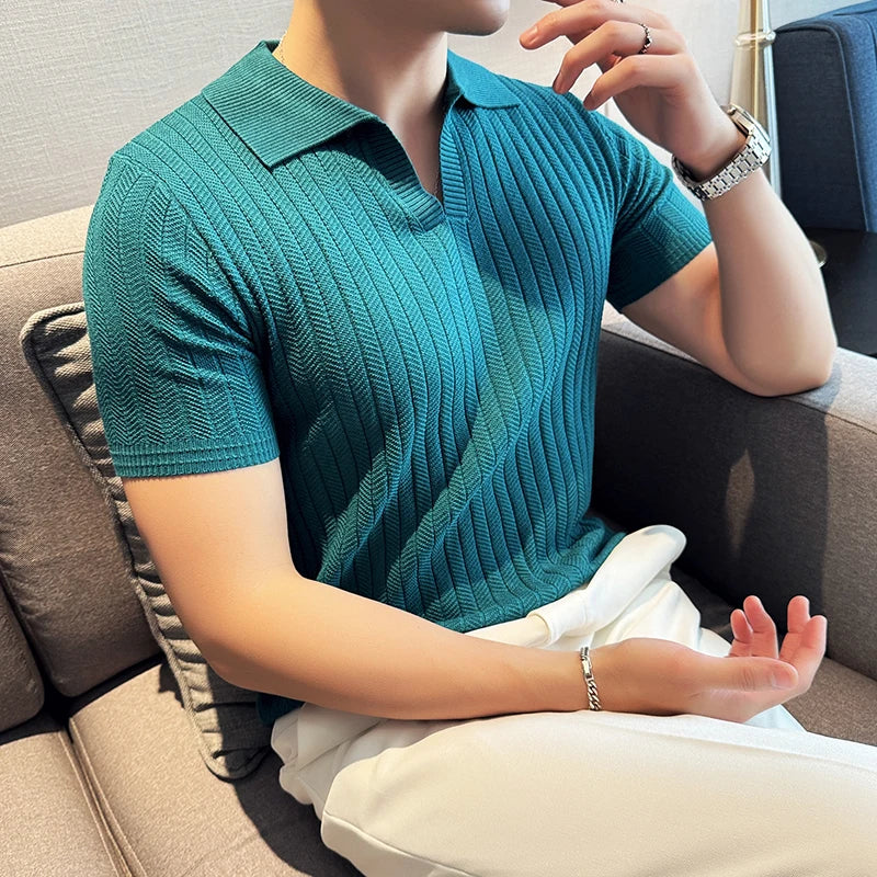 Men Striped Polo Shirt 2025 Summer Light Thin Breathable Solid Casual Elastic Slim Fit Short Sleeved V-neck T-shirt Men Clothing