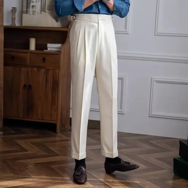 High-waisted Casual Straight-leg Suit Pants For Men Autumn Vintage Draped Waist Trousers Naples Retro Style Business Formal Wear