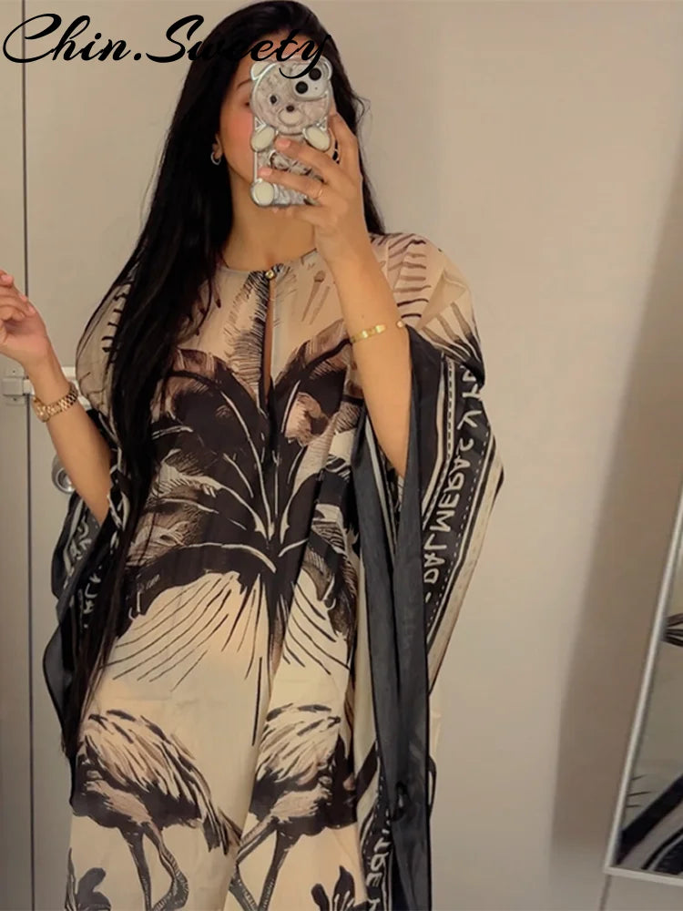 Fashion Print Pleated Long Dresses Women Party O-neck Full Sleeve Female Holiday Dresses 2025 Summer Lady Elegant  Robes
