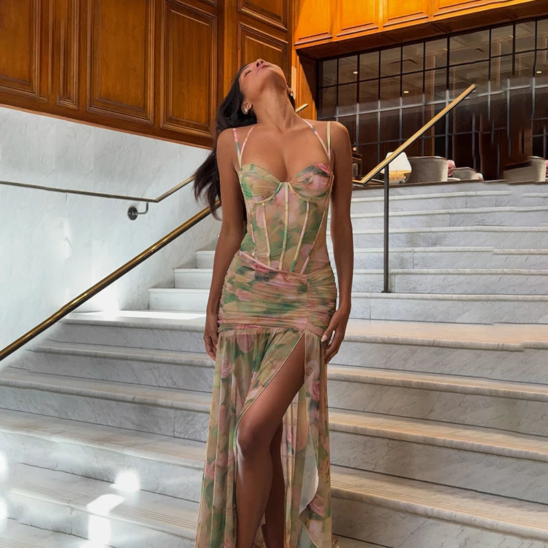 Candyhot Sexy High Waist Split Floral Print Bodycon Spaghetti Strap Dress Summer Fashion Party Vacation Beach New Women Vestidos