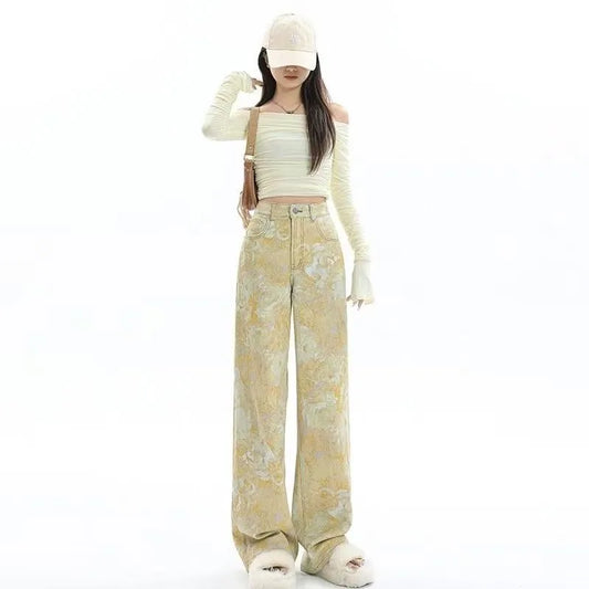 New High Waist 2025 American Retro Plant Flower Print Ladies Commuter Wide-leg Jeans Youthful and Beautiful Out of The Street