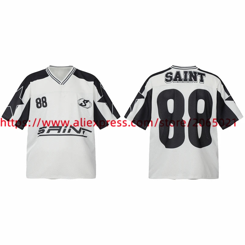 Black White Patchwork Mesh Saint T-Shirt Men Women High Quality Short Sleeve Tee Loose T Shirt