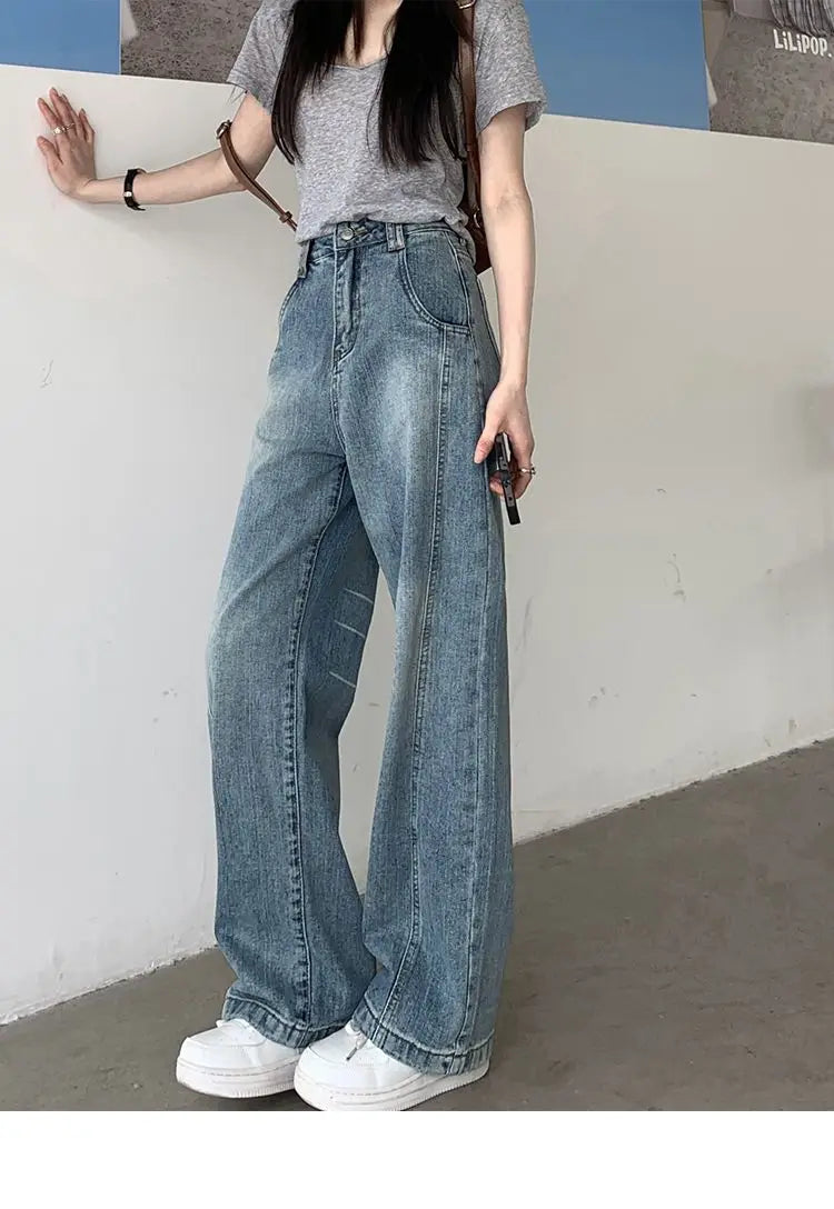 Vintage Baggy Jeans Womens' Loose-Fit Denim Pants Lightweight Bell Bottom Jean Retro Ladies' Denim Trousers Pockets Wide Pants