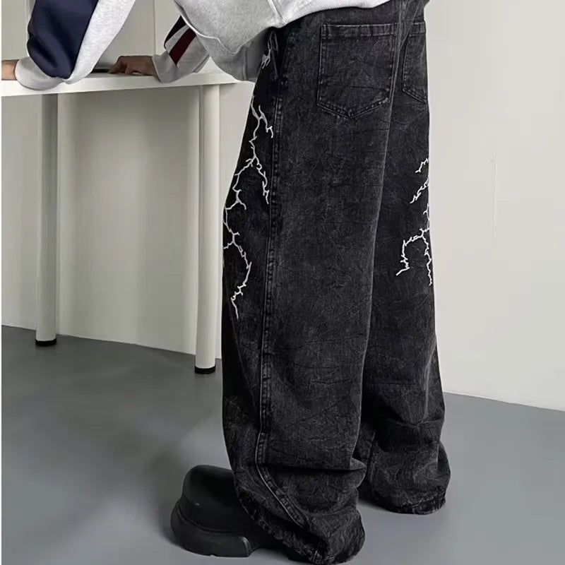 2024 Cyber Y2K Streetwear Embroidery Lightning Black Baggy Jeans Pants Men 90S Vintage Clothes Wide Leg Hip Hop Long Trousers