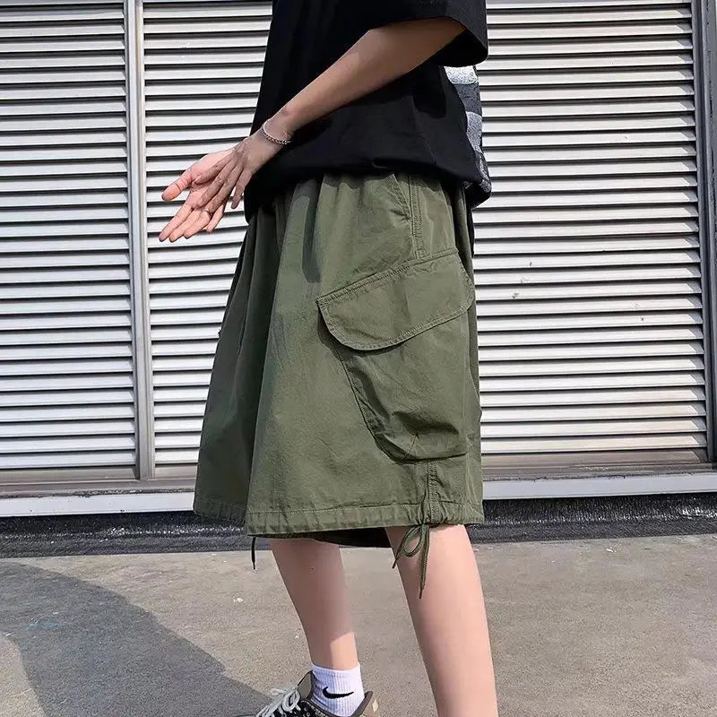 Khaki 7-point Men Summer Thin Japanese Workwear Wide-leg Loose Over-knee Shorts