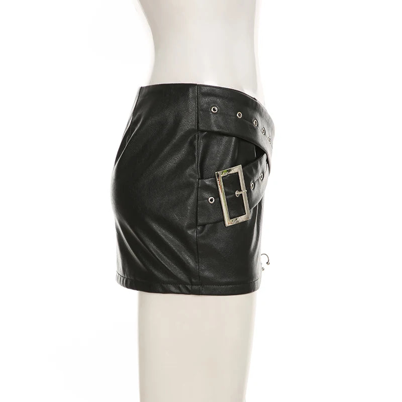 IAMSURE Dark Pu Leather Bodycon Skirt Sexy Slim Low-Waisted Super Mini Skirts Women 2024 Summer Fashion Streetwear Punk Style