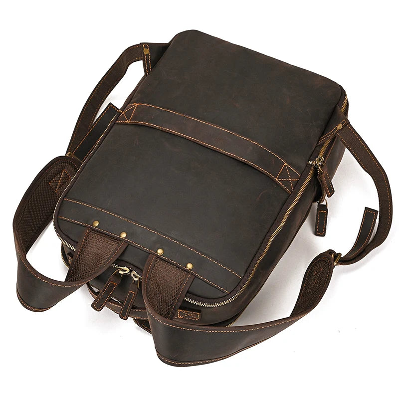 Vintage Travel Backpack leather double zipper bagpack male crazy horse leather backpack handmade leather travel bag men bag