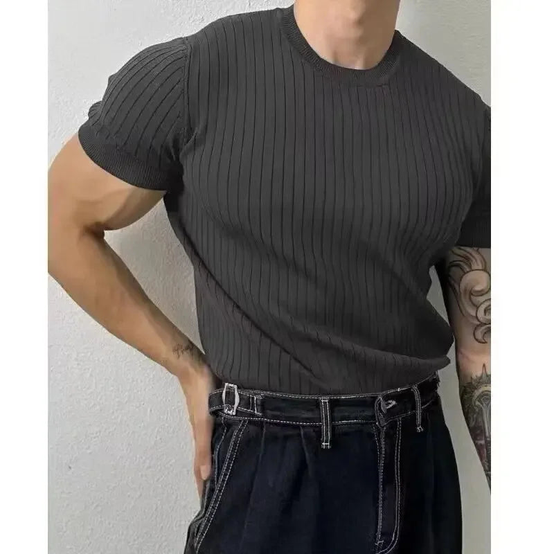 Summer New Light Maturity Knitted Polo Shirt Men's Korean Style Slim Fit Collar Pure Color Casual T-Shirt Cross-Border