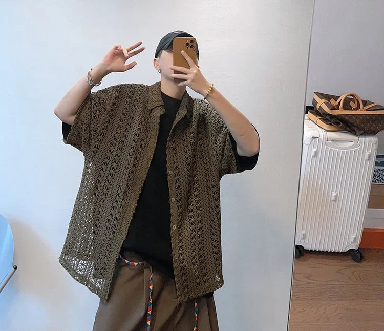 Summer American Style Vintage Distressed Versatile Military Green Knit Hollow Breathable Loose-fit Casual Short Sleeve Shirt Men