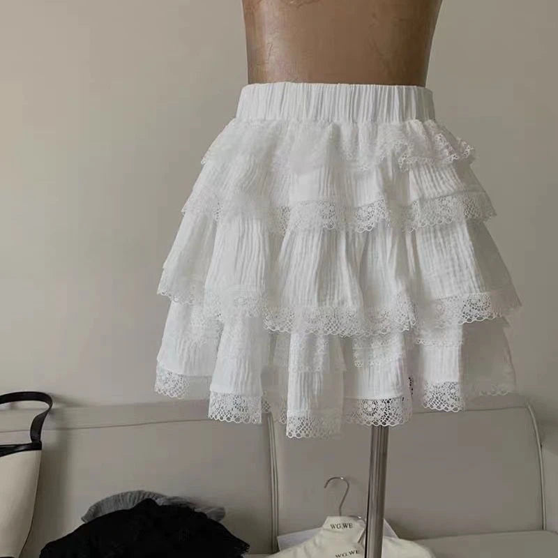 Deeptown Korean Style Sweet Ruffle Mini Skirts Women Lolita Kawaii Casual Pleated Short Skirt Elegant Cute White Layered Skirt