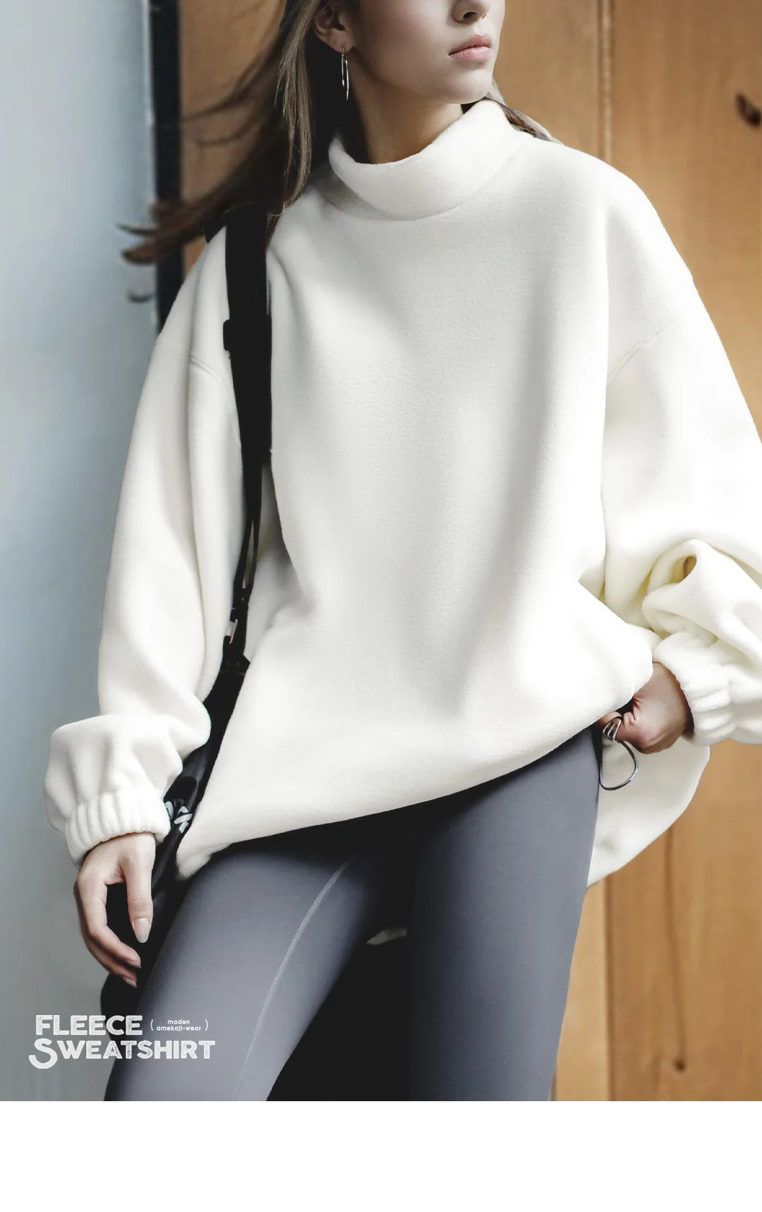 Maden Standing Collar Fleece Sweatshirt for Women Oversize Loose Warm Pullover Autumn and Winter Thick Sweater Basic Sweatshirt