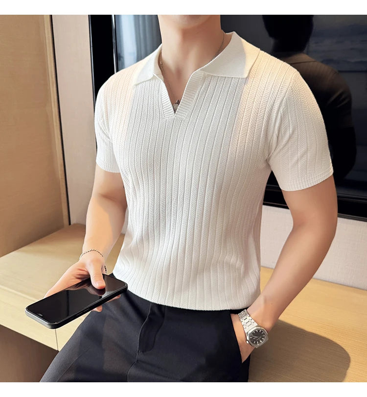 Men Striped Polo Shirt 2025 Summer Light Thin Breathable Solid Casual Elastic Slim Fit Short Sleeved V-neck T-shirt Men Clothing