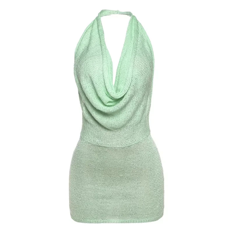 Sisterlinda Knitted Sequins Mini Dress Halter Summer Stunning Low Swinging Neck Backless Skinny Frock Female Sexy Party Bodycon