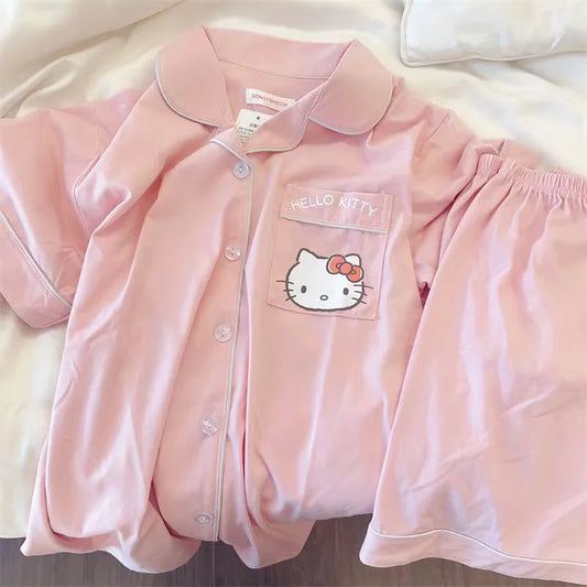 Hello Kitty girl cartoon cute kawaii summer new Sanrio anime short-sleeved pajamas set creative cardigan home clothes gift
