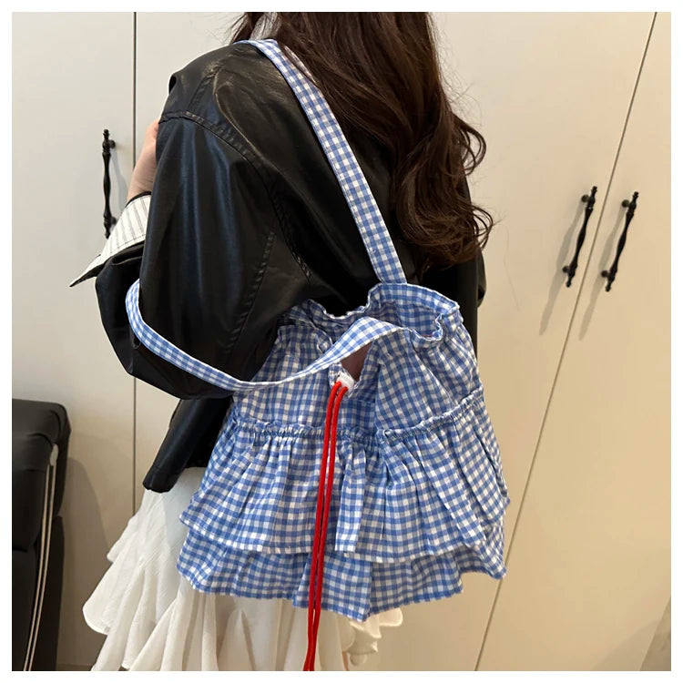 Korean Sle Large Capaci Canvas Tote Bag Blue Plaid Single oulder Skirt Pleated Gown Bag Faionable Casual Handbag