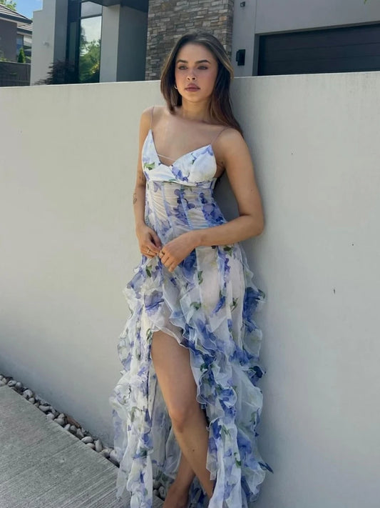 New Sexy Sleeveless V Neck Printed Ruffles Long Dress Women Spaghetti Strap Floral Printing Split Dress Holiday Party Sundress