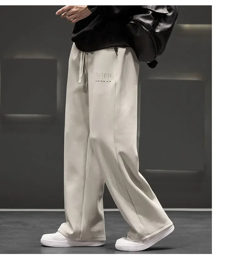 Autumn New Men Knitted Sports Pant Steel Stamp Printing Wide Leg Casual Trousers Straight Solid Lightweight Cotton Fabric Unisex