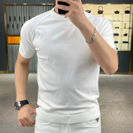 British Fashion Summer High Elastic Slim Round Neck Short Sleeve T-shirt Men's Solid Patchwork Smart Casual Versatile Cotton Top