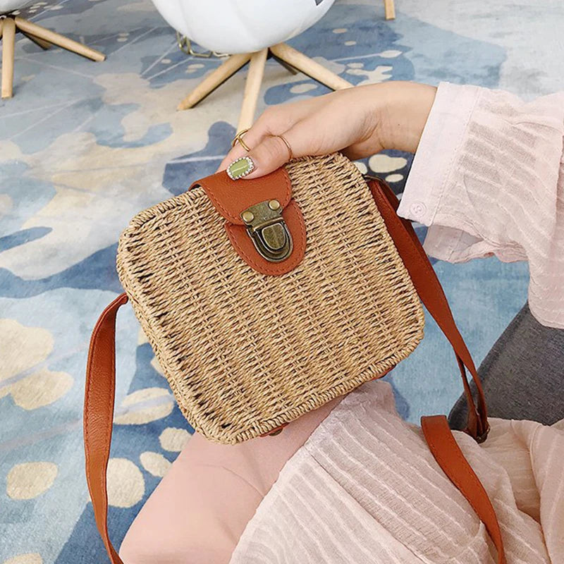 Hand-woven Women Straw Bag Ladies Shoulder Bags Beach Travel Crossbody Bag Female Small Rattan Box Handbag Shopper Totes Bohemia