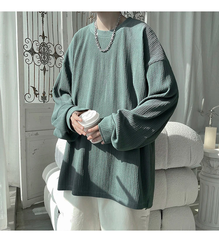 2024 Spring Autumn Casual Long Sleeve T Shirts Men Loose Round Neck T-shirts Male Fashion Harajuku Korean Streetwear Tops Tees