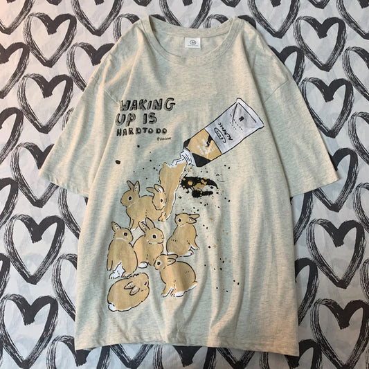 American Retro Rabbit Print Short Sleeved t-shirt For Men Women In Harajuku Lazy Style Pure Cotton Versatile Round Neck Tee