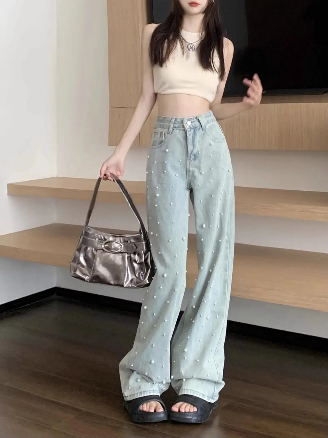Women's Jeans High Waist Straight Blue Beaded Pearls Denim Pants Spring Autumn Chic Streetwear Design Baggy Jeans Women Clothing