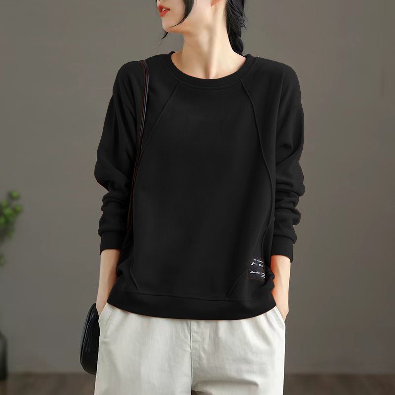 Women's Clothing Spring Autumn Appliques Casual Streetwear Cotton Sweatshirt Female O Neck Solid Long Sleeve Loose Pullover Tops