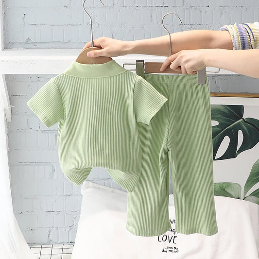 Summer Girls T-Shirt Set Short Sleeve Lapel Pullover Tops Elastic Waist Straight Pants Girl Casual Clothes 2Pcs Suits