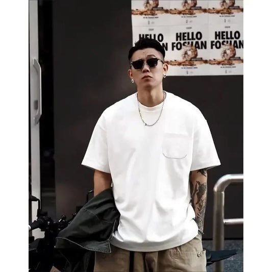 Heavyweight Pocket Short Sleeve T-Shirt Pure Cotton White Base Shirt Top for Men And Women Spring Casual Breathable Crew Neck