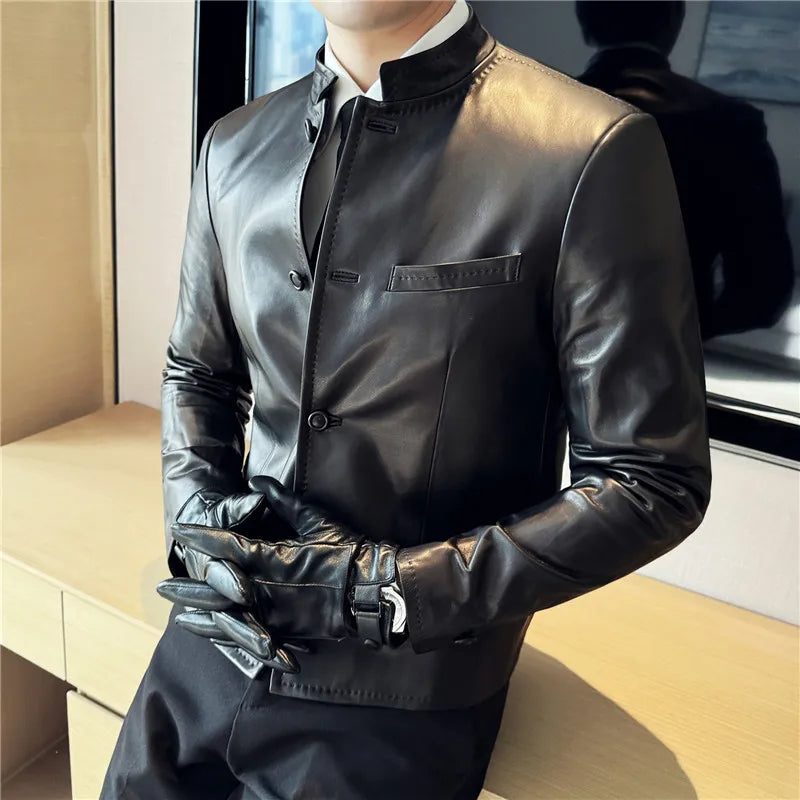 Autumn  Chinese Style Stand Up Collar Leather Jacket Men's Motorcycle Jackets High-end Casual Business Short PU Leather Coats