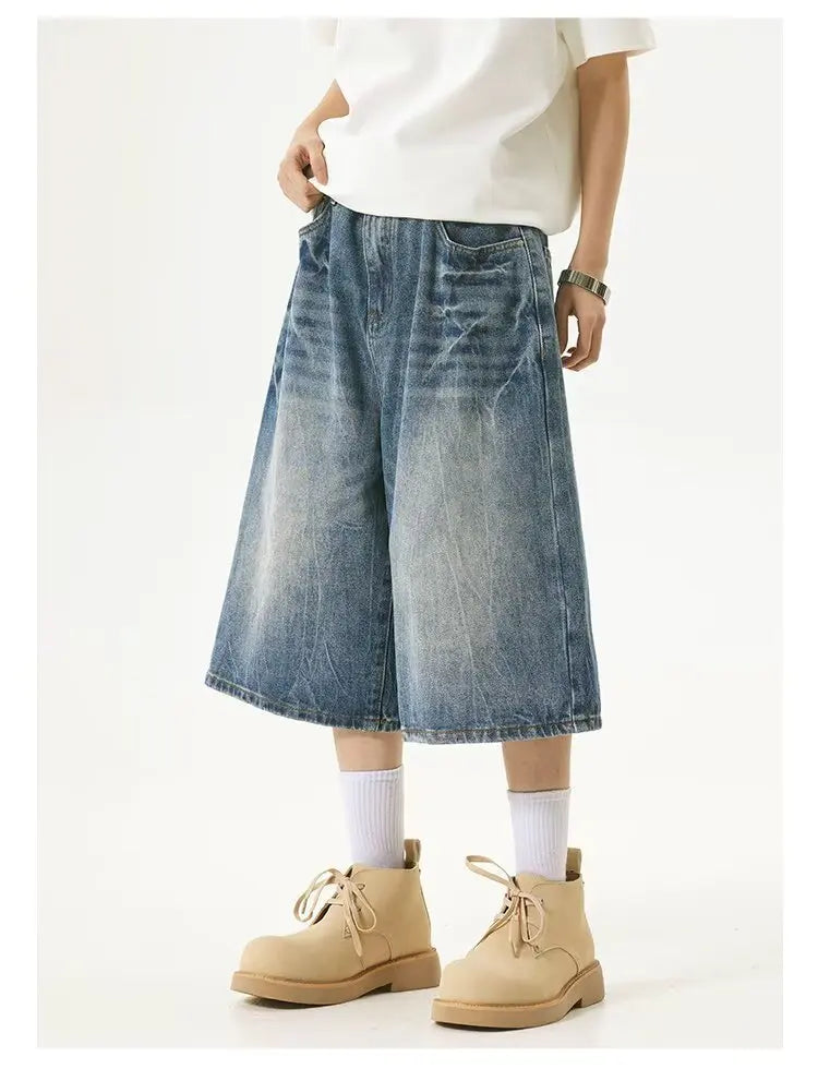 American High Street Lightning Jeans Men's Straight Leg Wide Leg Hip Hop Cool Retro American Seven-Foot Blue Shorts