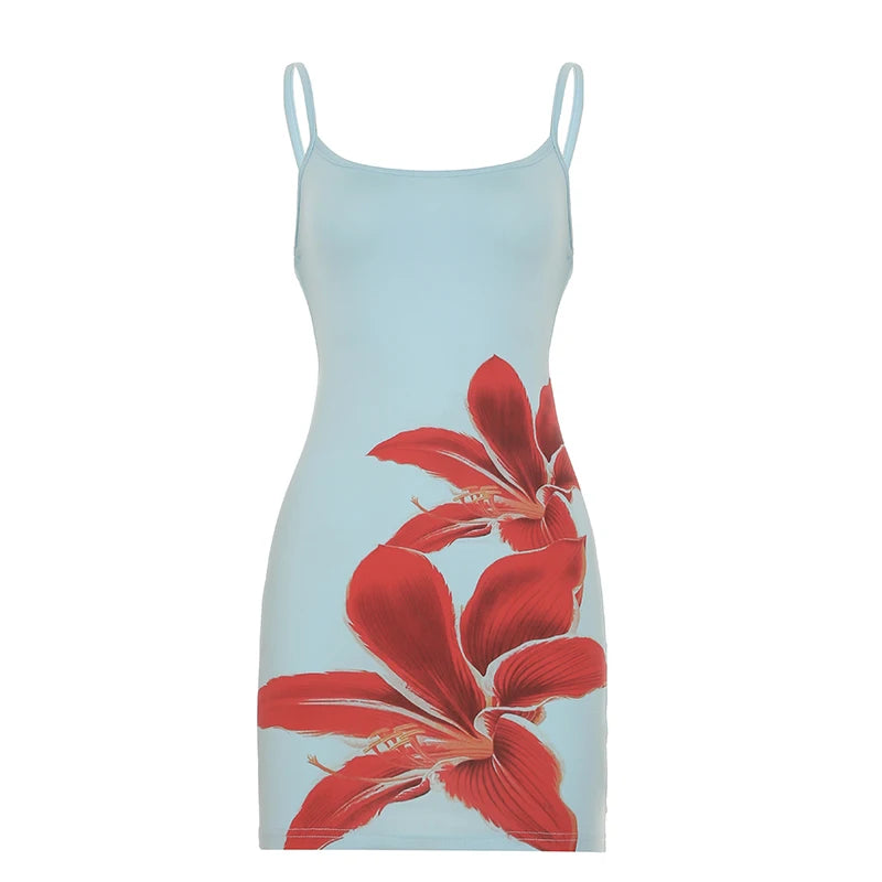 HEYounGIRL Boho Chic Spaghetti Strap Mini Dress Summer Y2K Floral Print Women Sexy Bodycon Dresses Beach Vacation Style Outfits