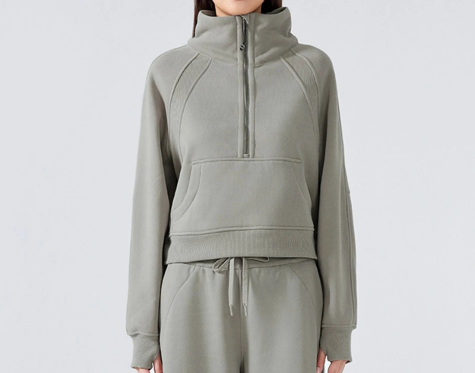 Half Zipper High Stand-up Neck Pullover Top Women Clothing Autumn and Winter New Outer Wear Warm Fleece Thickened Sweatshirts