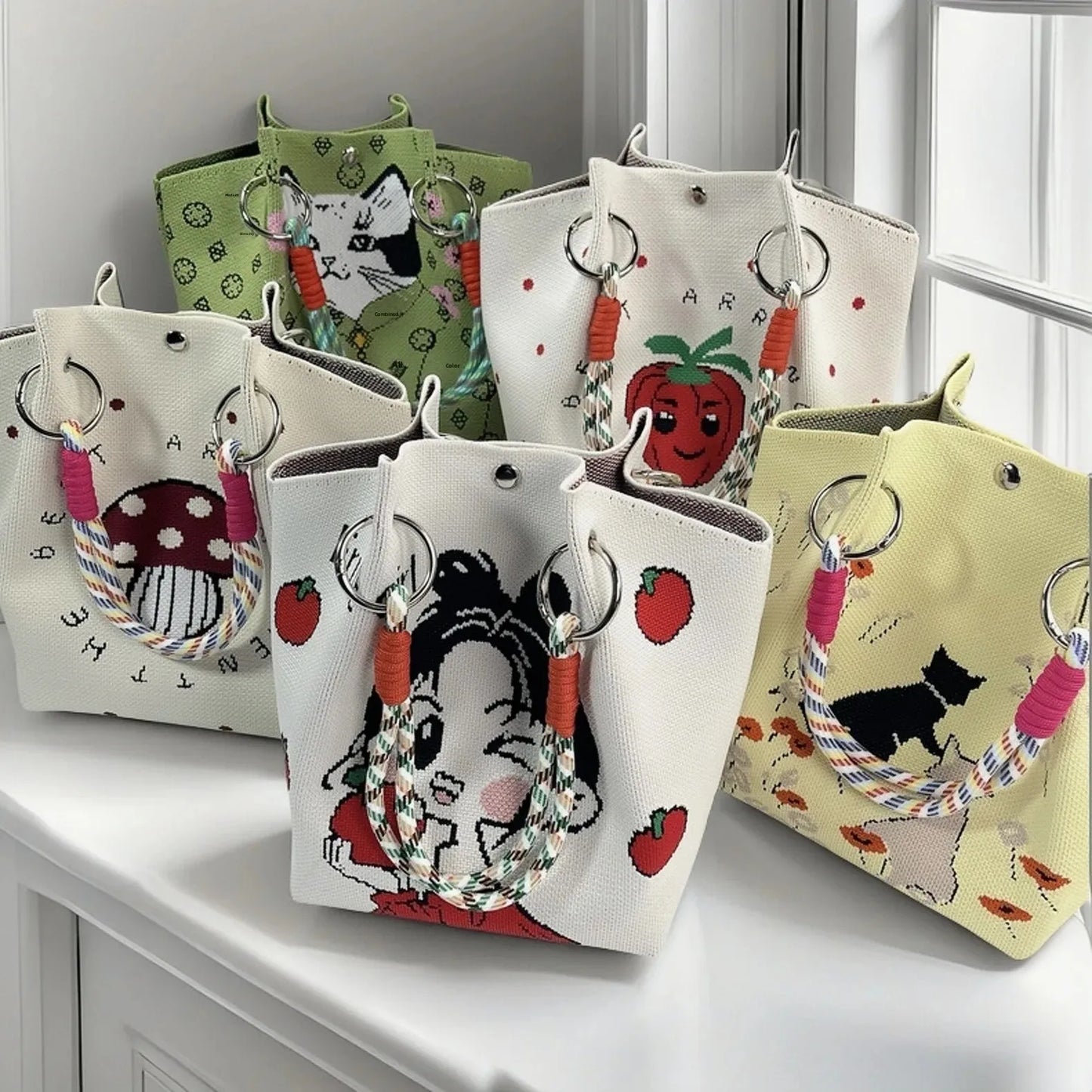 Cute Cat Design Large Capacity Portable Tote Bag Casual Versatile Commuter Bucket Bag Polyester Fiber Handbag from Mainland Chin