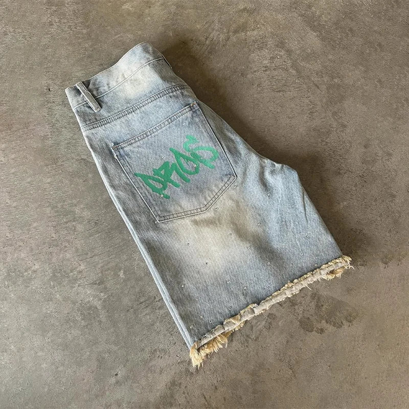 American Fashion Trend Letter Printing Splicing Patches Denim Shorts Y2K Gothic Hip Hop Men Women Punk Vintage Wide Leg Pants