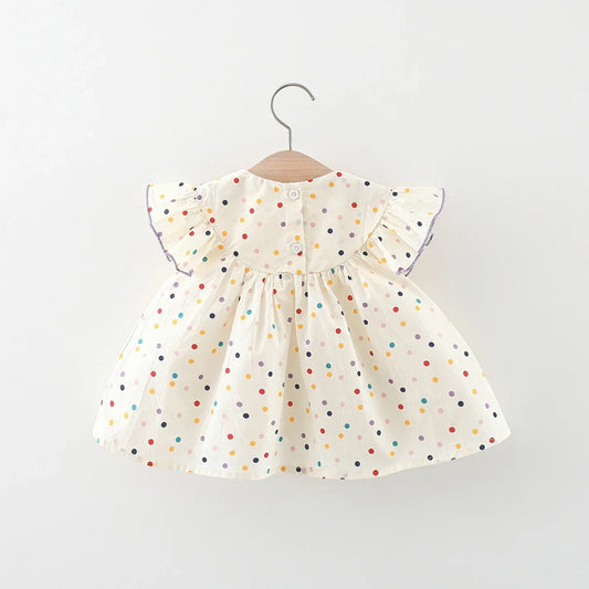 Girls Summer New Short sleeved Dress with Flower Embroidery Colorful Dot Doll Princess Neck Dress 0-3 Years Old