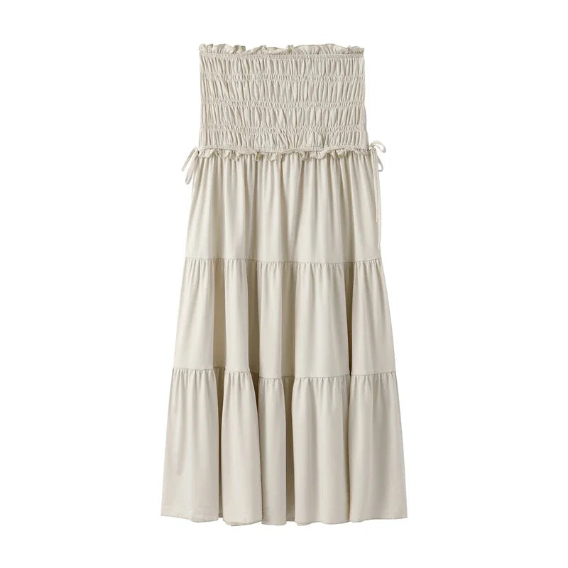 Fashion Solid Folds Long Skirt Sets For Women Summer Sexy Off Shoulder V-neck Cropped Tops High Waist Long Skirts 2 Pieces Sets