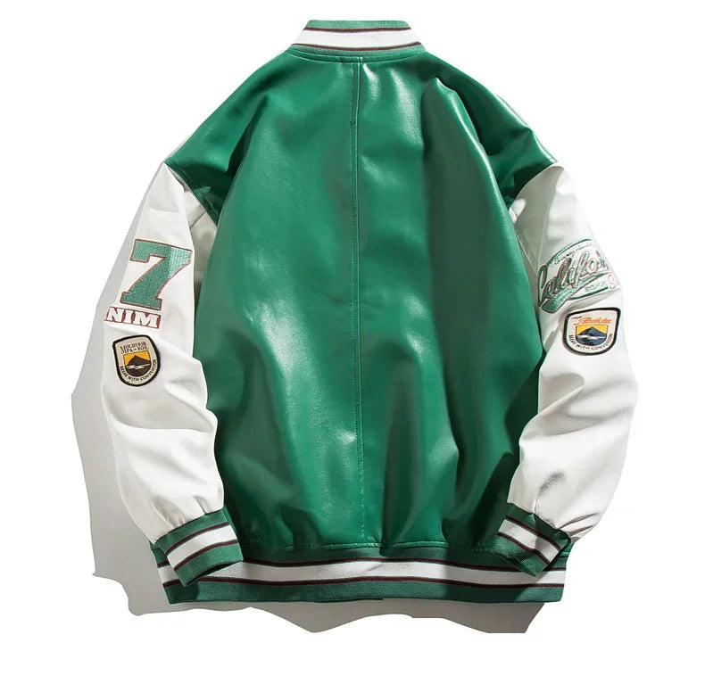 Men's High-end Feel Baseball Jacket New Spring Autumn Style Embroidered Fighter Pilot Pu Leather Patchwork Color Blocking Top